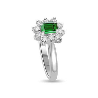 Anello Cluster Con Smeraldo e Diamanti In Oro Bianco 18ct - R166