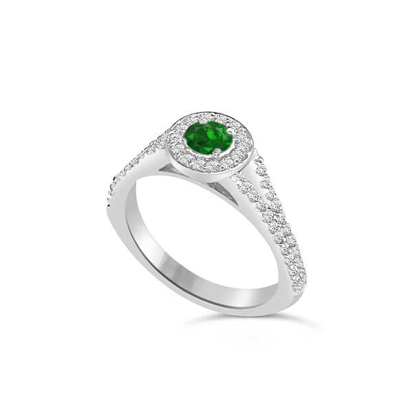 Solitaire Shoulder Diamond and Emerald Engagement Ring 18ct White Gold - R964