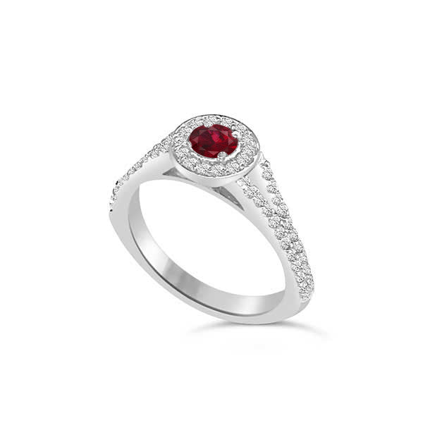 Solitaire Shoulder Diamond and Ruby Engagement Ring 18ct White Gold - R965